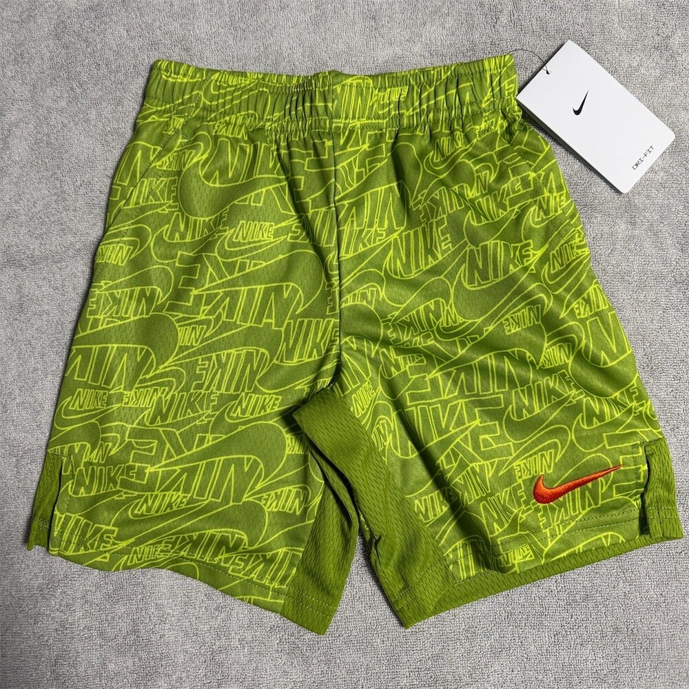 Nike Boys Athletic Shorts Size 6 Green Allover Logo Print Orange Swoosh